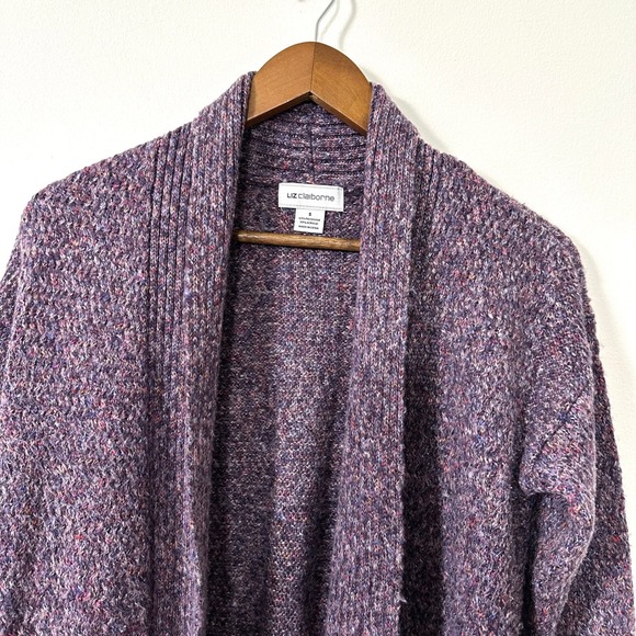 Liz Claiborne Purple Speckled Shawl Cardigan Small Knit Cozy Core Cottage - Picture 3 of 9